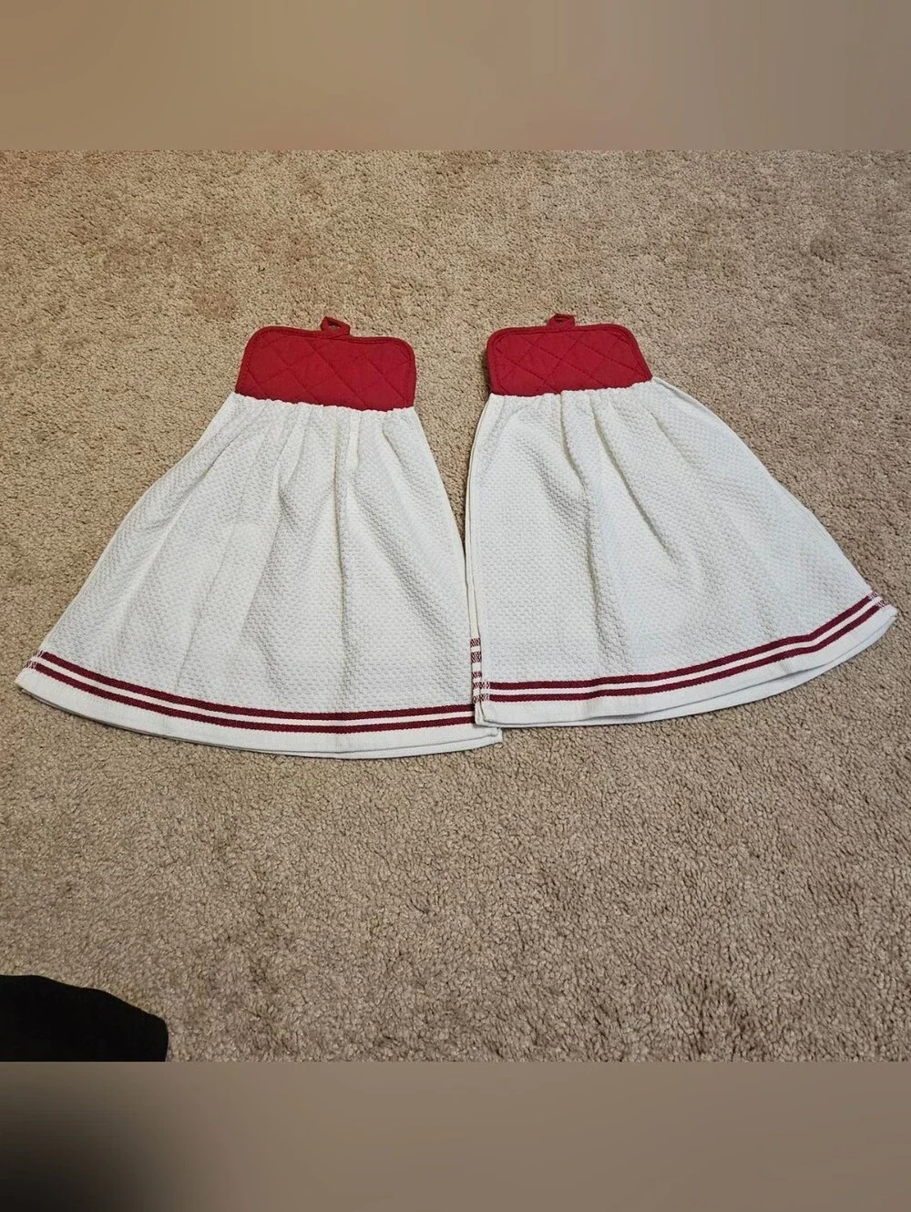 2 Handcrafted Towels Attached To Potholders | Red + White | Stripes